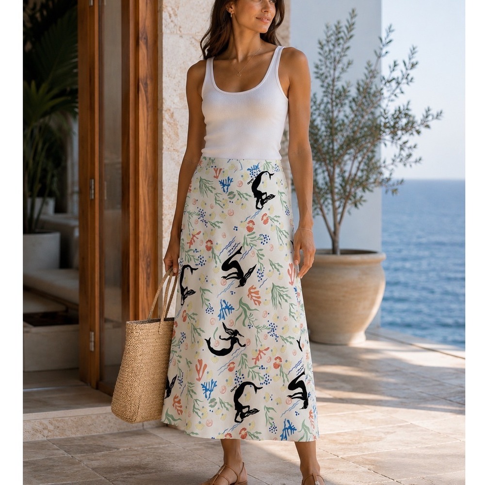 Rixo Sandrine Skirt Womens 10 White Mermaid Sea Life Print Midi Bias Cut